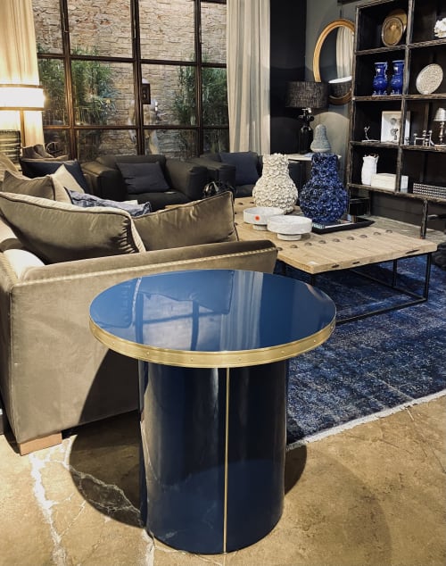 Side Table Round Pedestal High Gloss Circle Top Brass Tape | Bedside Table in Tables by Jover + Valls