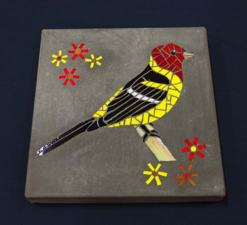 Tanager Stone - inlaid glass concrete stepping stone | Tiles by Rochelle Rose Schueler - Wild Rose Artworks LLC