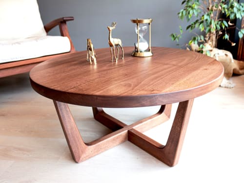 Mid Century Round Coffee Table , Walnut Wood Coffee Table | Tables by OzzWoodArt