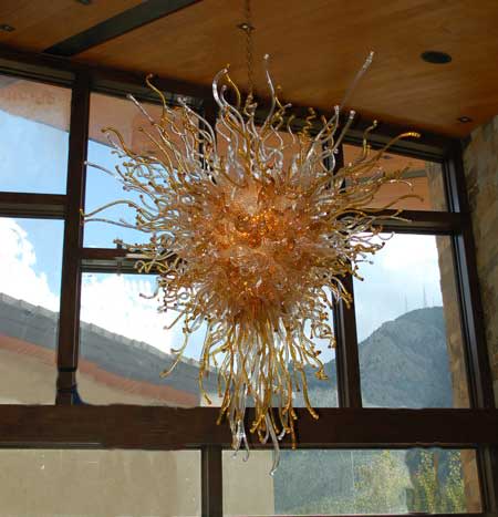 "Colorado Springs" ~ Blown Glass Chandelier | Chandeliers by White Elk's Visions in Glass - Glass Artisan, Marty White Elk Holmes & COO, Jo Pierce
