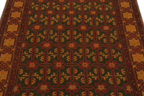 Vintage Mid-Century Geometric Floral Red And Green Wool Rug | Rugs by Rug and Kilim