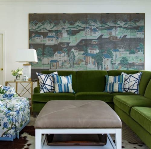 Chinoiserie 8-panel Blue Village Screen by Lawrence & Scott | Oil And Acrylic Painting in Paintings by Lawrence & Scott