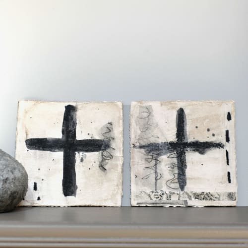 Taos; Set of 2 Black Cross Paintings on Handmade Paper, 7x7 | Mixed Media by Michele Spurza