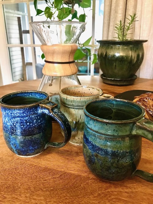 Pair of Round Bellied Horizon Mugs, Handmade stoneware | Cups by Honey Bee Hill Ceramics