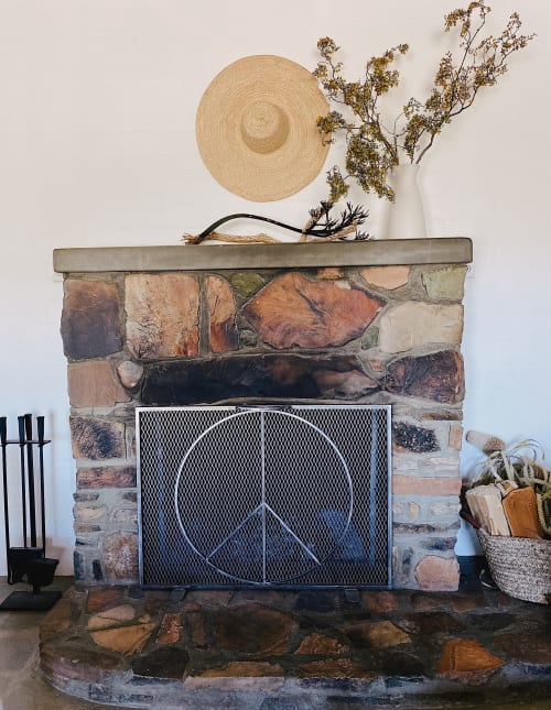 Custom Peace Sign Fireplace Screen | Hardware by All Roads | Morongo Valley House in Morongo Valley