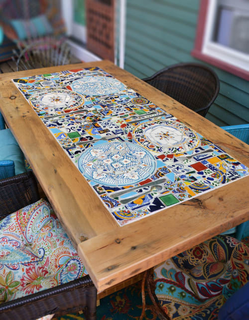 Rustic wood with mosaic tile inlay outdoor table | Dining Table in Tables by Abodeacious