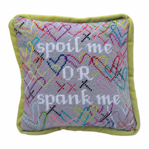 needlepoint SPOIL ME OR SPANK ME pillow, one of a kind | Pillows by Mommani Threads
