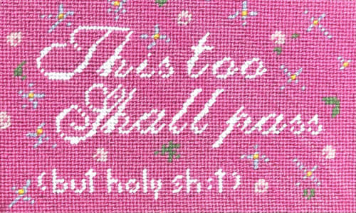 hand-embroidered needlepoint "This Too Shall Pass" pillow | Pillows by Mommani Threads