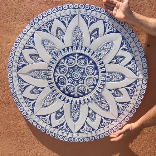 Blue and white circular mural 85cm (33.4") | Wall Sculpture in Wall Hangings by GVEGA