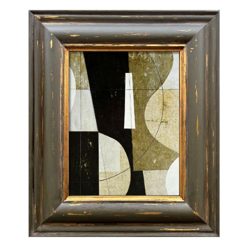 Contemporary Black, White and Olive Collage in Vintage Frame | Paintings by Suzanne Nicoll Studio