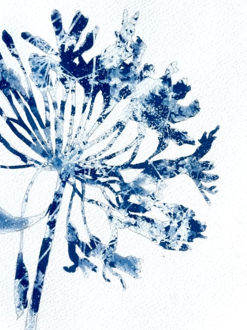 Delft Agapanthus 4 (18 x 24" painting-cyanotype hybrid) | Watercolor Painting in Paintings by Christine So