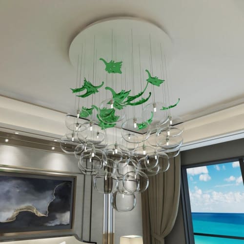 Vigneto Glass Globes Chandelier with Green Murano Leaves | Pendants by Galilee Lighting