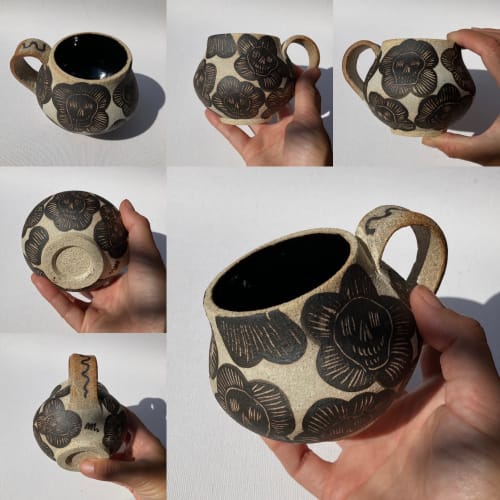 Skull flower black and cream mug | Cups by Muddythings by Mayon Hanania | Marida- Jewelry and Gifts in Long Beach