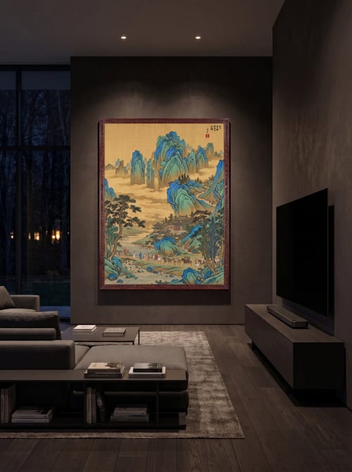 Hand-Painted Silk Wang Ximeng Blue Green Landscape Scroll | Oil And Acrylic Painting in Paintings by Dynasty Artisan