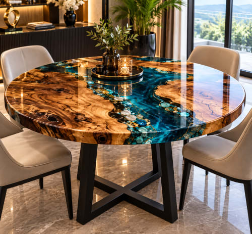 Luxury Round Epoxy Resin Dining Table | Blue River Live Edge | Tables by SK EPOXY CRAFT
