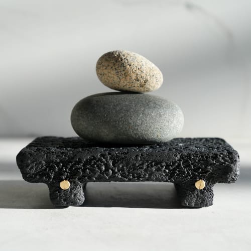 Medium Shelf Riser in Black Concrete with Brass Rivets | Decorative Tray in Decorative Objects by Carolyn Powers Designs