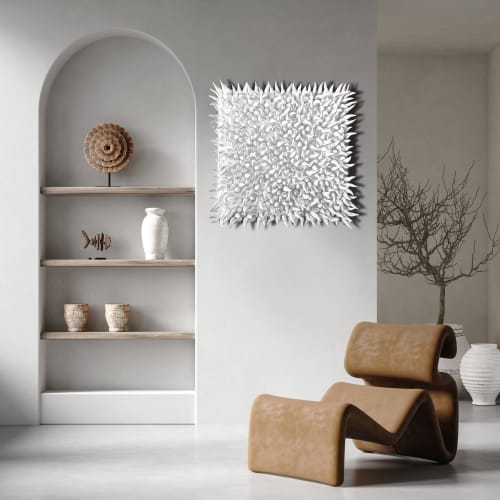 White spikes clay wall sculpture on a 20" square canvas, abs | Sculptures by Natasha Kanevski
