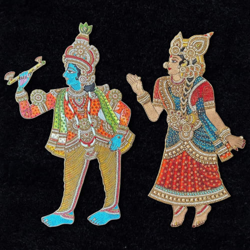 Shri Krishna Rukmini Hand Embroidered Bejewelled Installatio | Embroidery in Wall Hangings by MagicSimSim