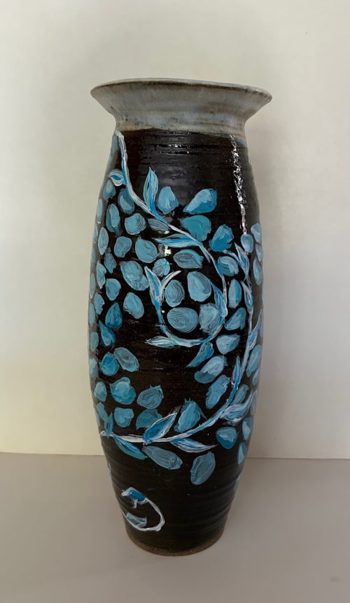 Tall Vase With Painted Floral Design | Vessels & Containers by Sheila Blunt