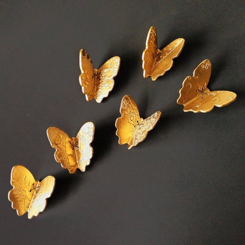 Flutter - 6 Original Gold Porcelain Ceramic Sculptures | Wall Hangings by Elizabeth Prince Ceramics