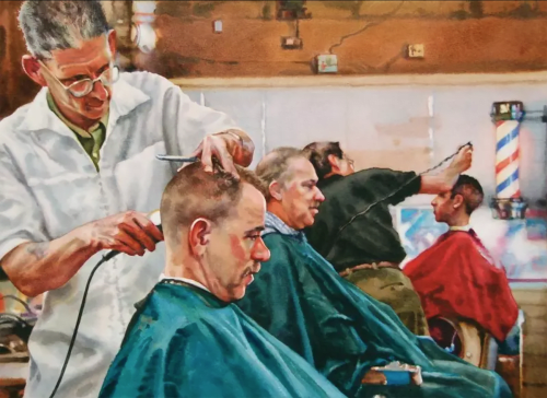 Barbershop | Paintings by Karen Frey | Castro Valley Library in Castro Valley