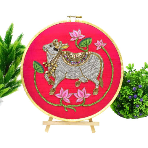Kamdhenu Cow Hand Embroidered Artwork. Hindu God’s Spiritual | Embroidery in Wall Hangings by MagicSimSim