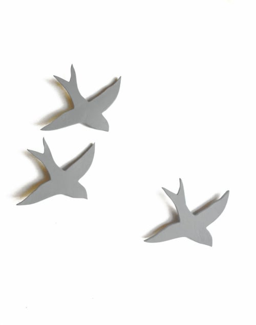 Set of 3 Soft Mid Grey / Gray Porcelain Swallows | Wall Sculpture in Wall Hangings by Elizabeth Prince Ceramics
