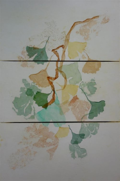Gingko Triptych in Washi | Oil And Acrylic Painting in Paintings by Jan Sullivan Fowler