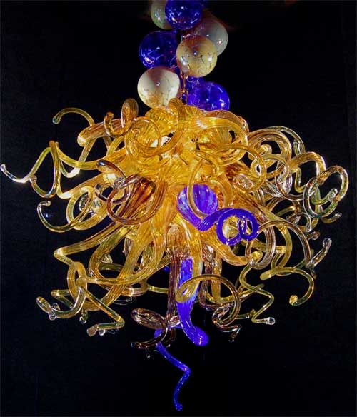 "Golden Moments" ~ Custom Blown Glass Chandelier | Chandeliers by White Elk's Visions in Glass - Glass Artisan, Marty White Elk Holmes & COO, Jo Pierce