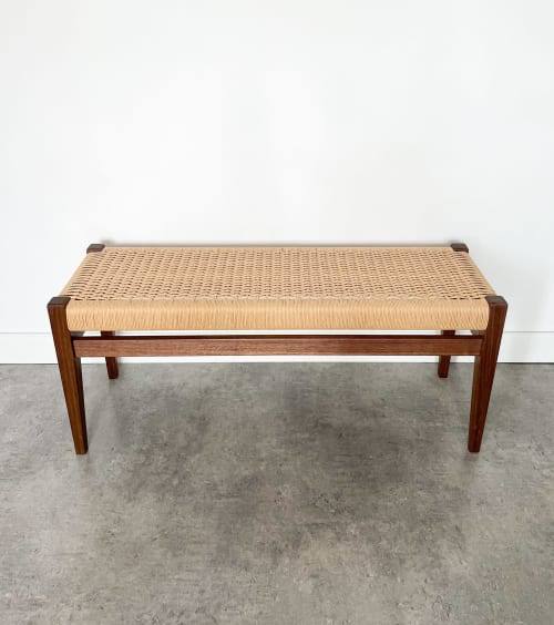 Danish Paper Cord Mid Century Bench in Walnut | Benches & Ottomans by ColombeFurniture
