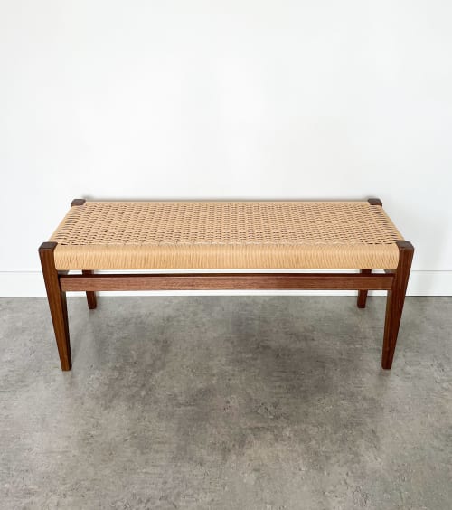Danish Paper Cord Mid Century Bench in Walnut | Benches & Ottomans by ColombeFurniture``