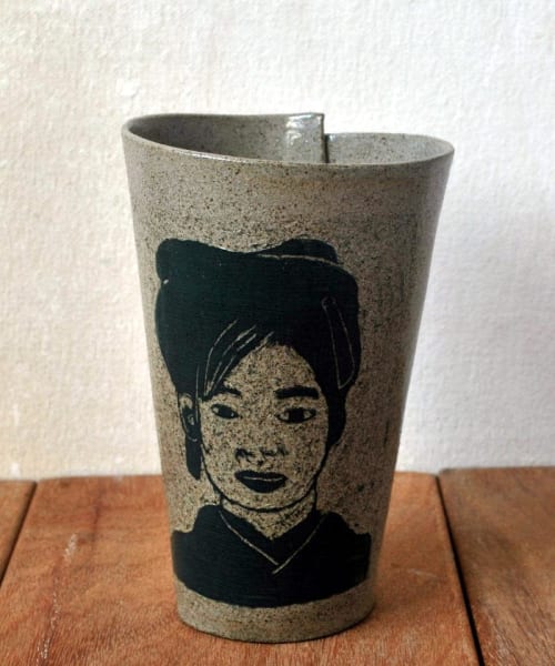 Gray Ceramic Coffee Mug Japanese Girl Portrait Tumbler | Cups by ShellyClayspot