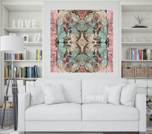 Pink on turquoise Arabesque | Paintings by Meanmagenta Marbling & Photography