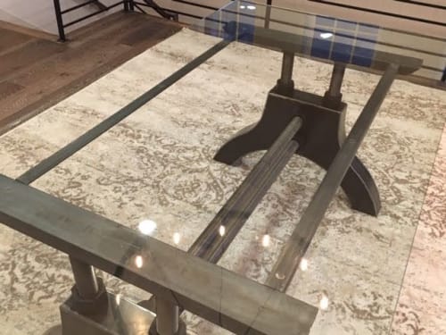 Glass Top Industrial Double Threaded Dining Table | Tables by Rusticana Furniture