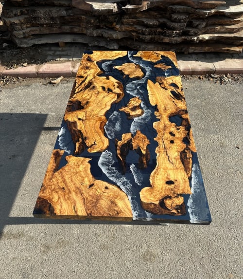 Mediterranean Olive Wood Ocean Epoxy Resin Live Edge Table | Dining Table in Tables by Tinella Collection