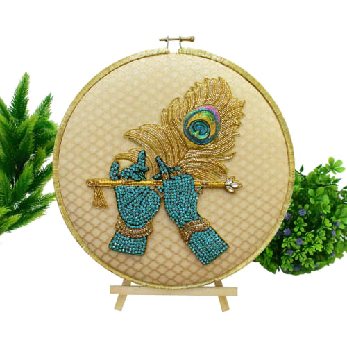 Lord Krishna Hands Flute & Feather | Embroidery in Wall Hangings by MagicSimSim