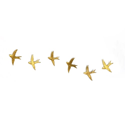 Set of 6 Gold Porcelain Wall Art Swallows | Wall Sculpture in Wall Hangings by Elizabeth Prince Ceramics