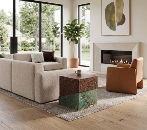 Ming Aesthetics Side Table in Solid Wood and Natural Marble | Tables by Dynasty Artisan
