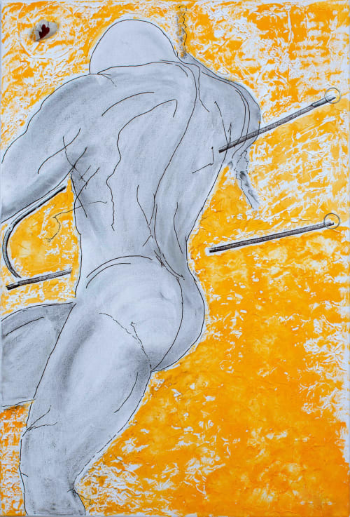 Figurative Abstract, Thought-Provoking, Yellow | Mixed Media by Katie Lowran Art
