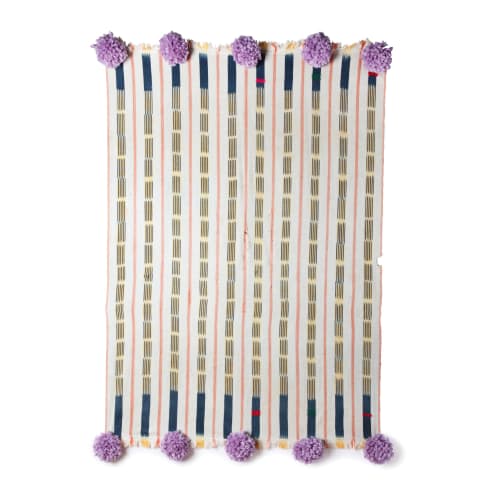 baoule pom pom throw cream stripe/lilac poms | Linens & Bedding by Charlie Sprout