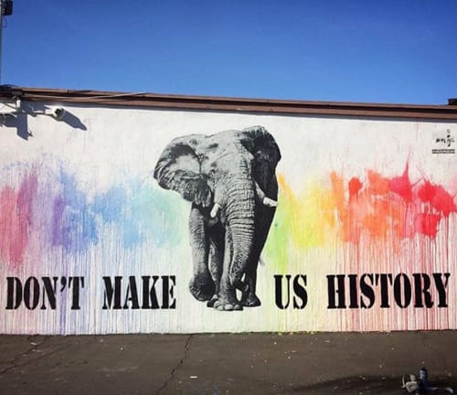 Don't Make Us History | Street Murals by Polarbear - Stencils | St John Chrysostom Catholic School in Inglewood