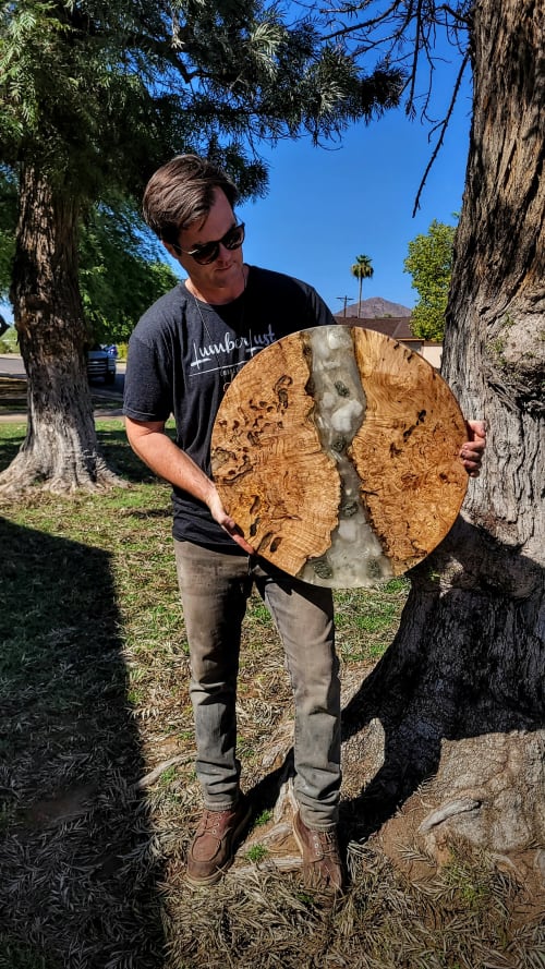 Maple Burl+Selenite, Quartz, Pyrite Hollywood Glam Cocktail | End Table in Tables by Lumberlust Designs