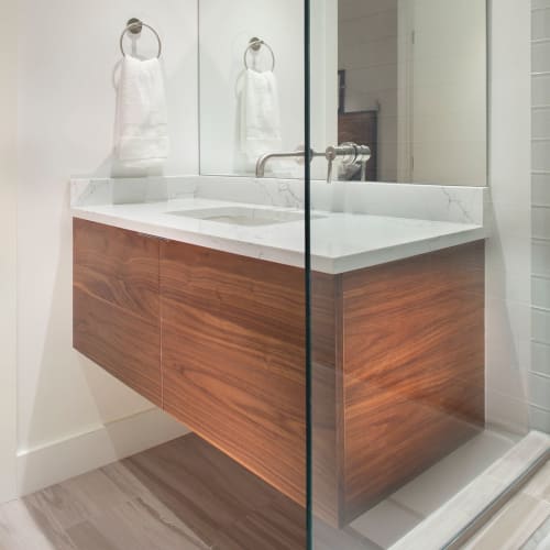 Custom floating vanity | Toiletry in Storage by Kenichi Woodworking