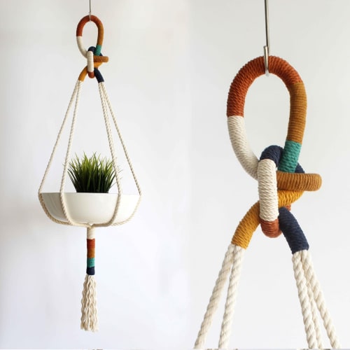 Modern Color Block Macrame Plant Hanger – 37” Handmade | Wall Sculpture in Wall Hangings by Freefille
