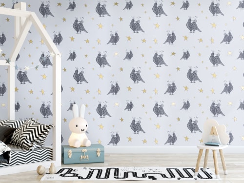 Love Me | Black On White | Gold Stars | Wallpaper in Wall Treatments by Weirdoh Birds