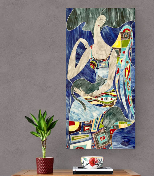 ANGEL WITH CAT - HAND MADE GLASS MOSAIC ARTWORK | Art & Wall Decor by Maurimosaic Art Studio