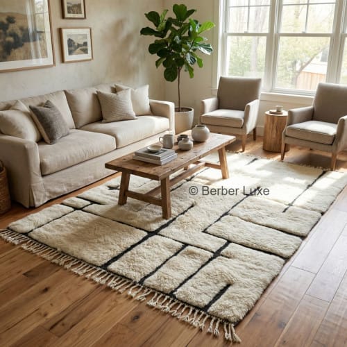Handmade Wool Area Rug Moroccan Berber Rug, Cream Geometric | Rugs by Berber Luxe