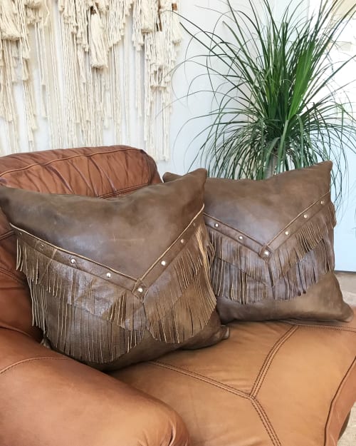 Leather fringed pillows | Pillows by Langbaron Art | Private Residence - Galeana, Chih., Mexico in Galeana