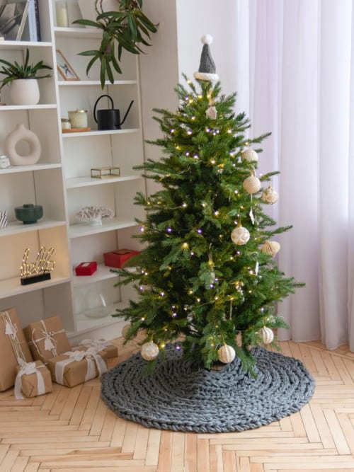 Gray chunky knit Christmas tree skirt | Small Rug in Rugs by Anzy Home
