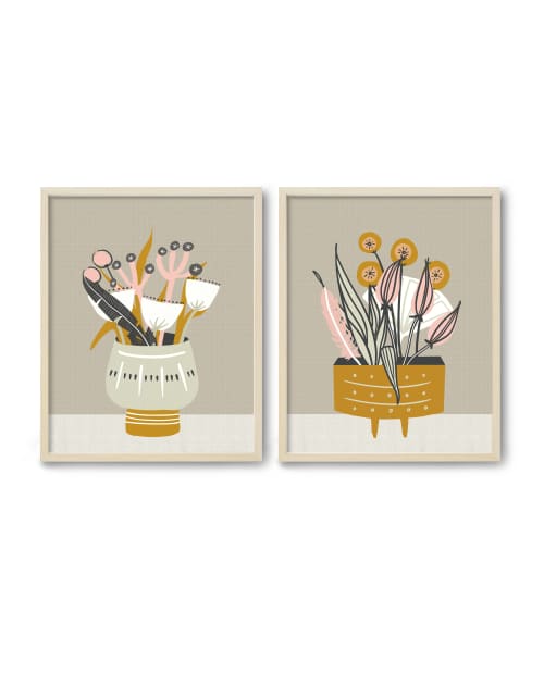 Mustard Pottery 1 and 2 Botanical Print Set | Paintings by Birdsong Prints